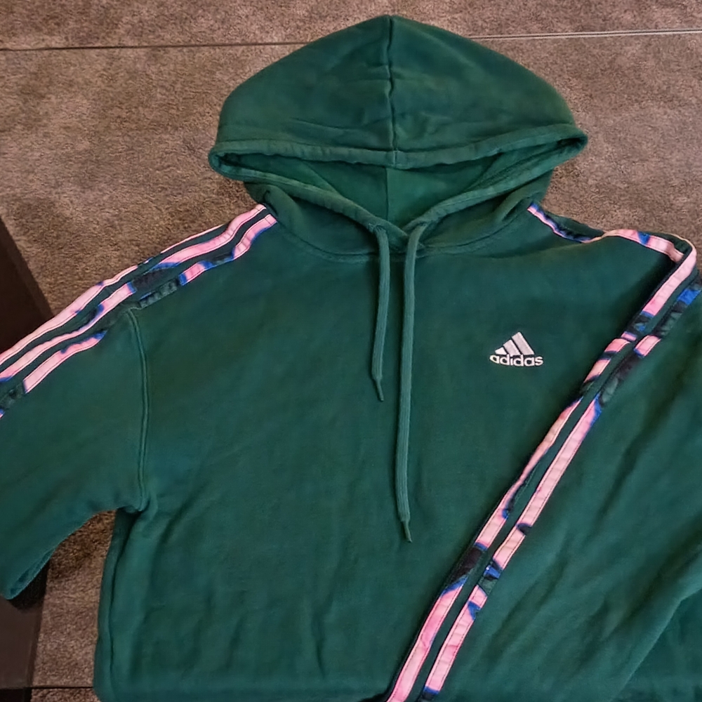 adidas Green Hoodie with Pink Stripe Shoulder Taping